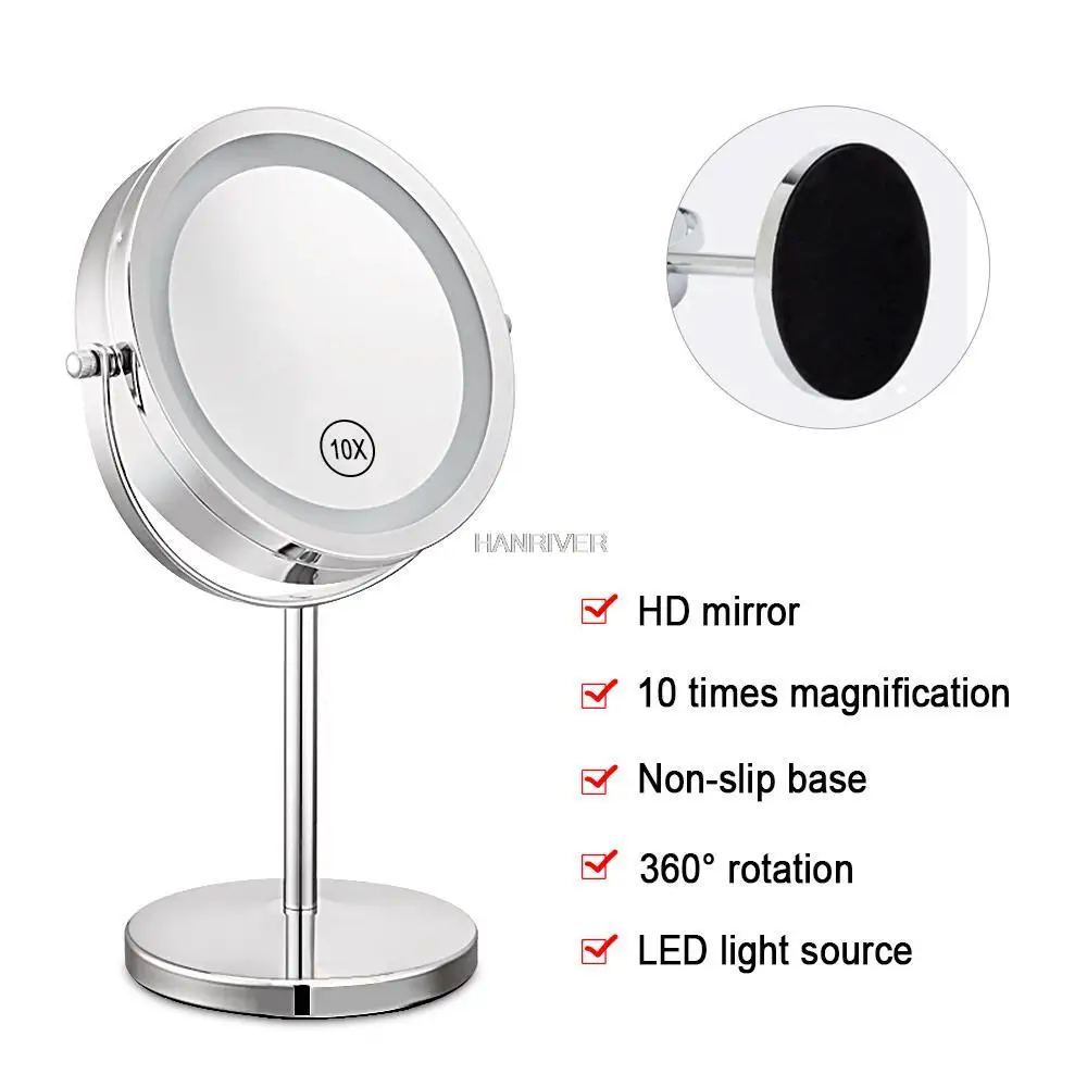 Magnifying Desktop Makeup Mirror 10x LED Light 360 Rotation Double Side 7inch LED Lighted up Comestic Mirror