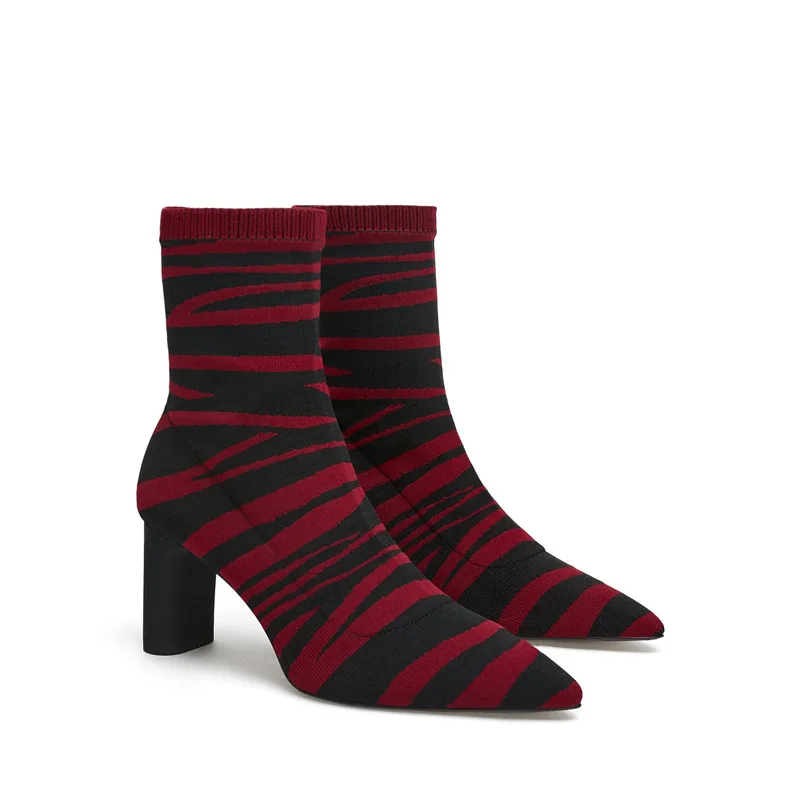 Пикантные вязаные носки с острым носком; женские ботинки на высоком каблуке с принтом зебры; женские ботинки; Узкие Эластичные ботильоны; женская зимняя обувь - Цвет: Wine Red Sock Boots