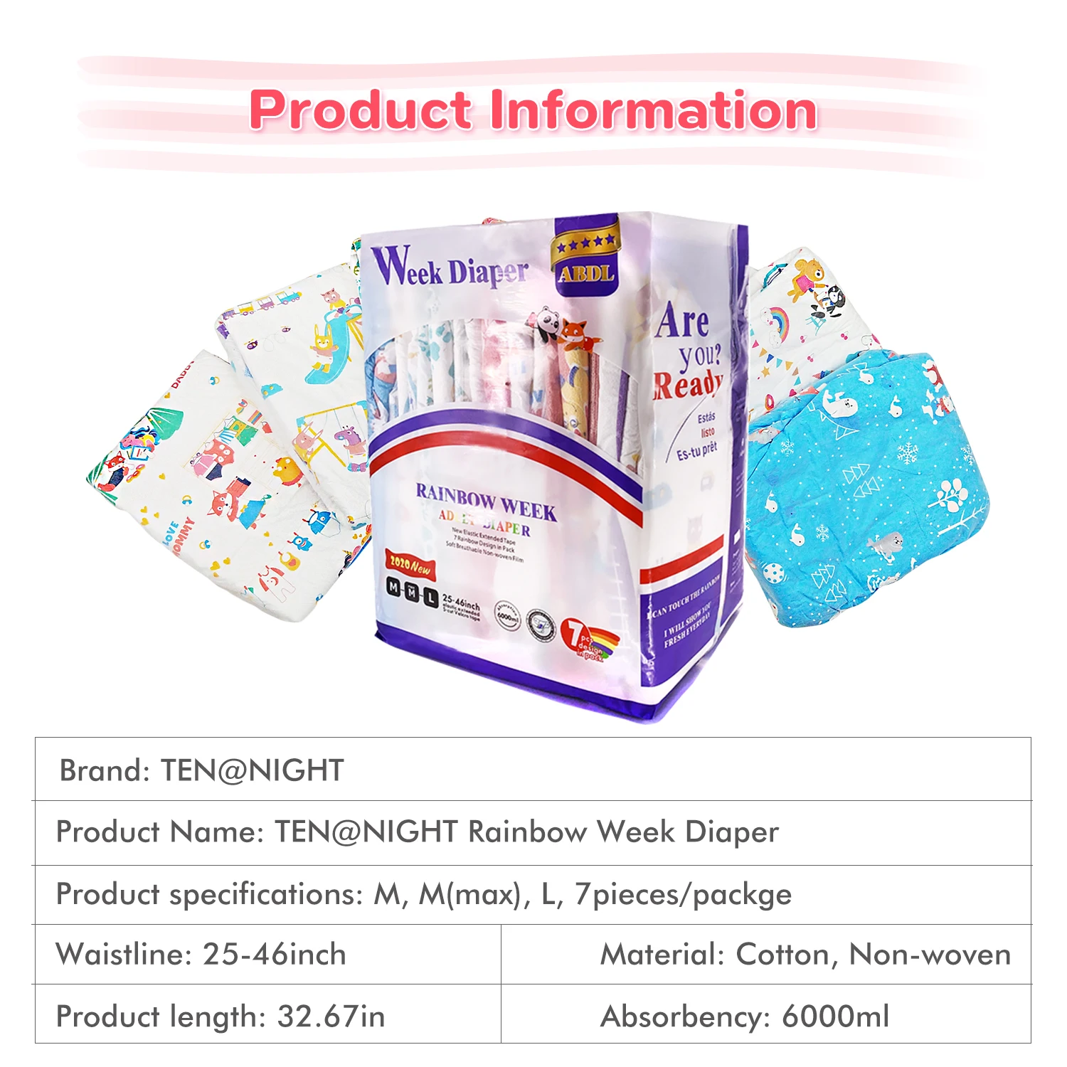 Подгузник Rainbow Week ABDL для взрослых размер подгузник 6000 мл впитывающая эластичная