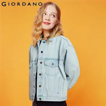 

Giordano Women Jackets 100% Cotton Double Flap Pockets Denim Jacket Turn-down Collar Button Soild Casaco Feminino 99379679
