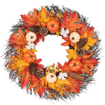 

22Inch Maple Leaves Fall Wreath,with Pumpkin,Pinecone,Cotton Boll,Berries,Harvest Wreath for Fall&Thanksgiving Decor