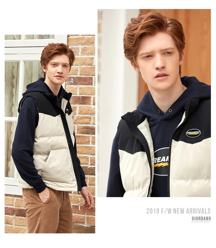Giordano Men Coats Embroidery Stand Collar Contrast Quilted Vest Wrinkle Resistance Zip Front Roupas Masculina 01079741