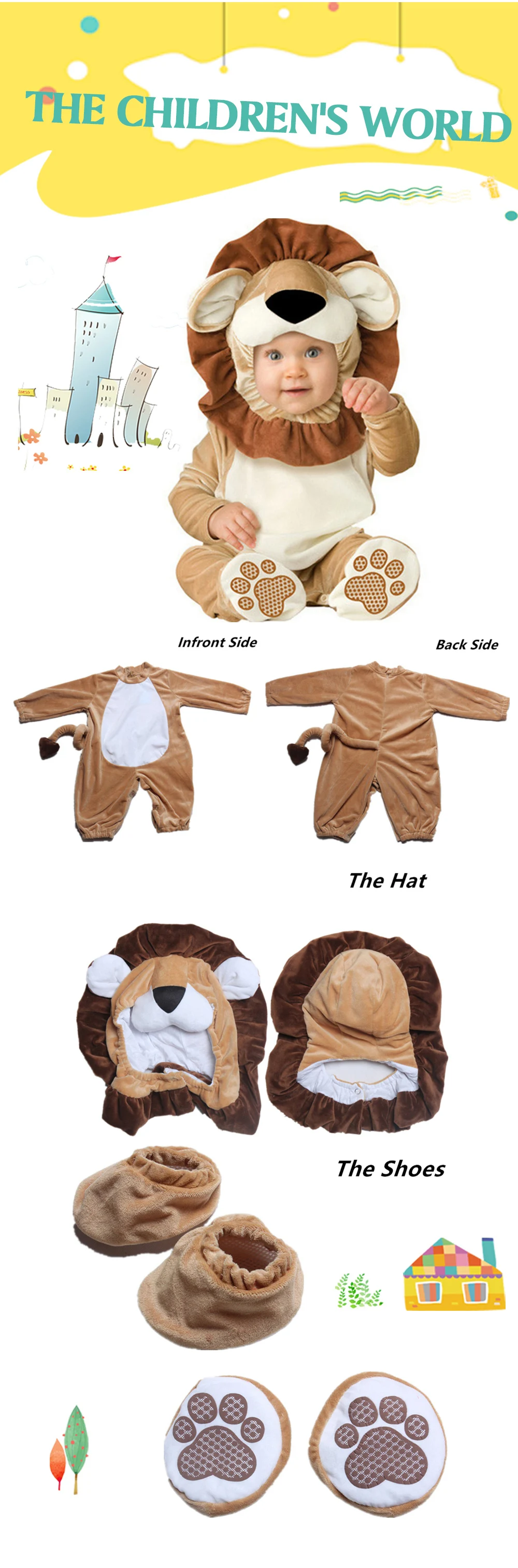 Милый костюм животного для маленьких мальчиков и девочек, маскарадный костюм для костюмированной вечеринки, Лев/собака/Слон/Тигр 40