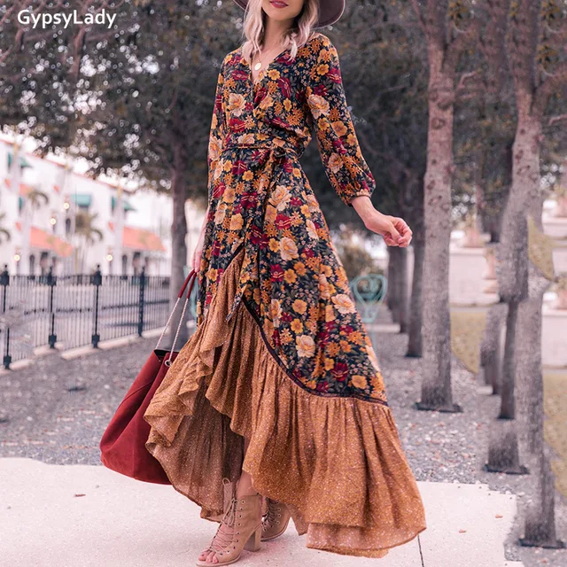 Фото женское винтажное платье макси gypsylady осеннее с длинным рукавом