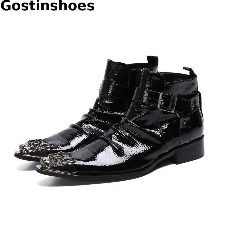

Fashionable Men Boots Black Genuine Leather Pleated Short Ankle Boots Buckle Strap Metal Cap Toe Work Boots Side Zip Slip On