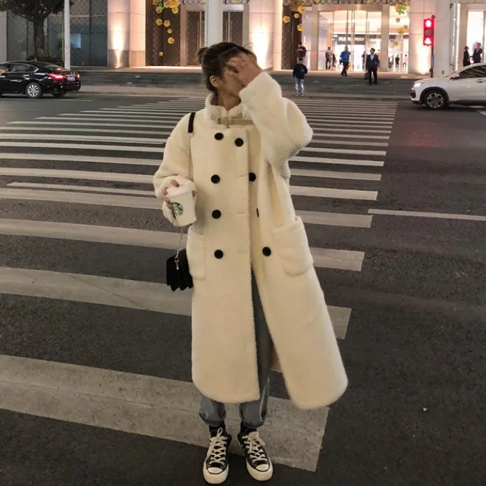 

2019 Autumn And Winter New Style Korean-style Stand Collar Lambs Wool Thick Warm Double Breasted Mid-length over-the-Knee Cotton