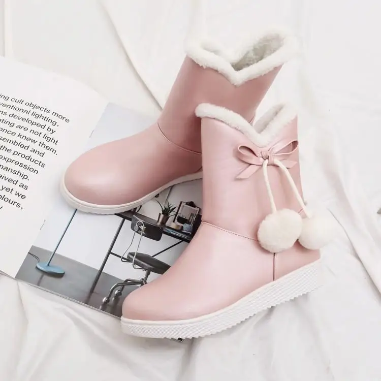 

2019 Winter Women Boots Solid Color Plush PU Ankle Boots Flat Snow Boots Round Toe Slip-On Sleeve Artificial Fluf Women Shoes