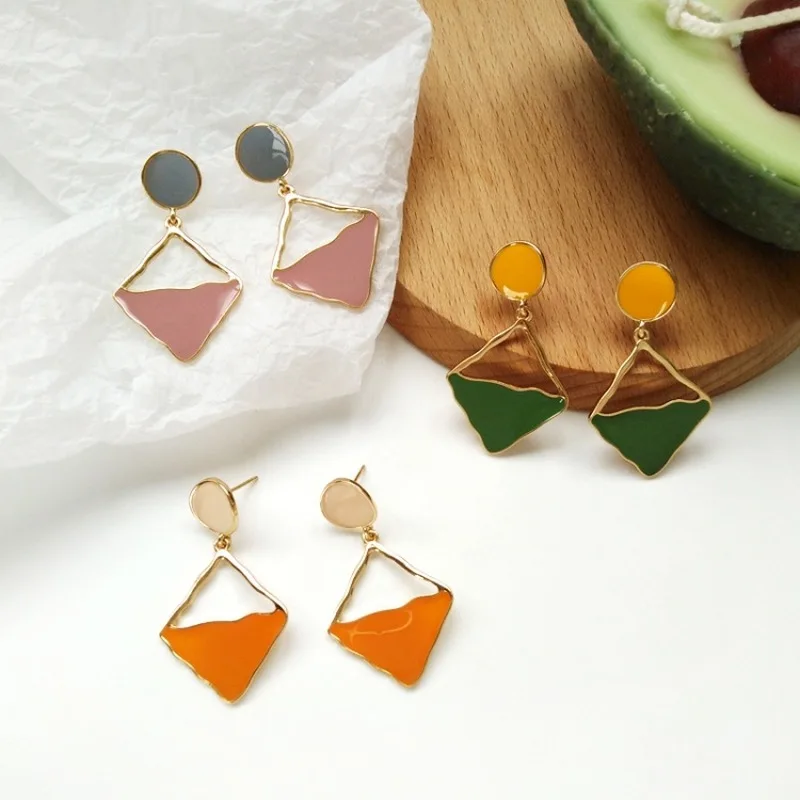 

Korean Trend Creative Metal Texture Geometric Colorful Drop Oil Dangle Earrings Simple Fashion Girl Women's Accessories Jewelry