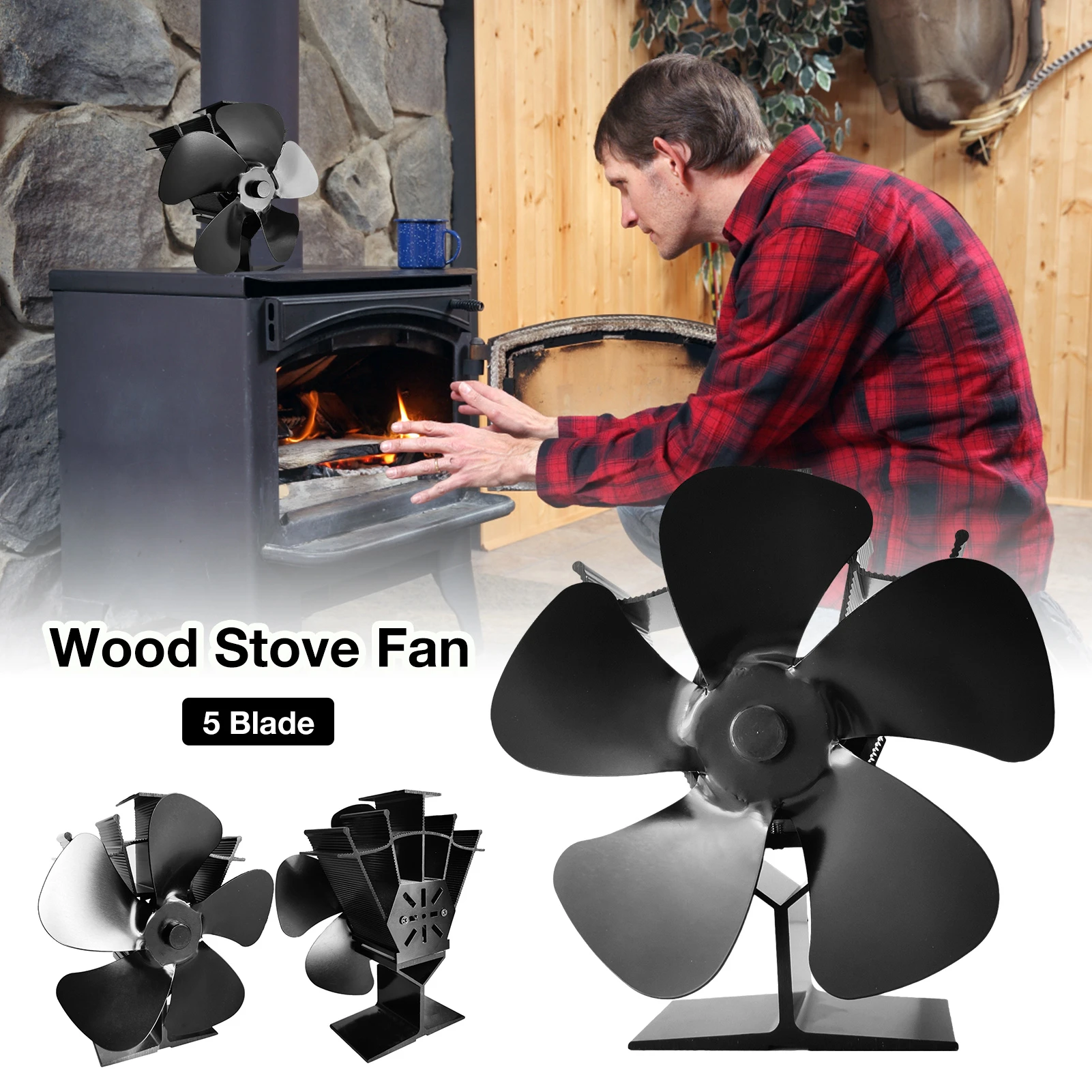 5 Blades Fireplace Fan Wood Stove Fan Quiet Heat Powered Eco Fan For