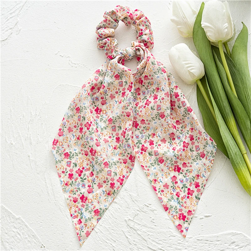 2022 Bohemian Polka Dot Floral Printed Bow Hair Scrunchies  Women Elastic Hair Band Ponytail Scarf Ribbon Hair Ties Accesories head accessories female Hair Accessories