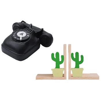 

Vintage Telephone Model Wall Hanging Retro Nostalgic Crafts with 2Pcs Wooden Bookends Support Stand Green