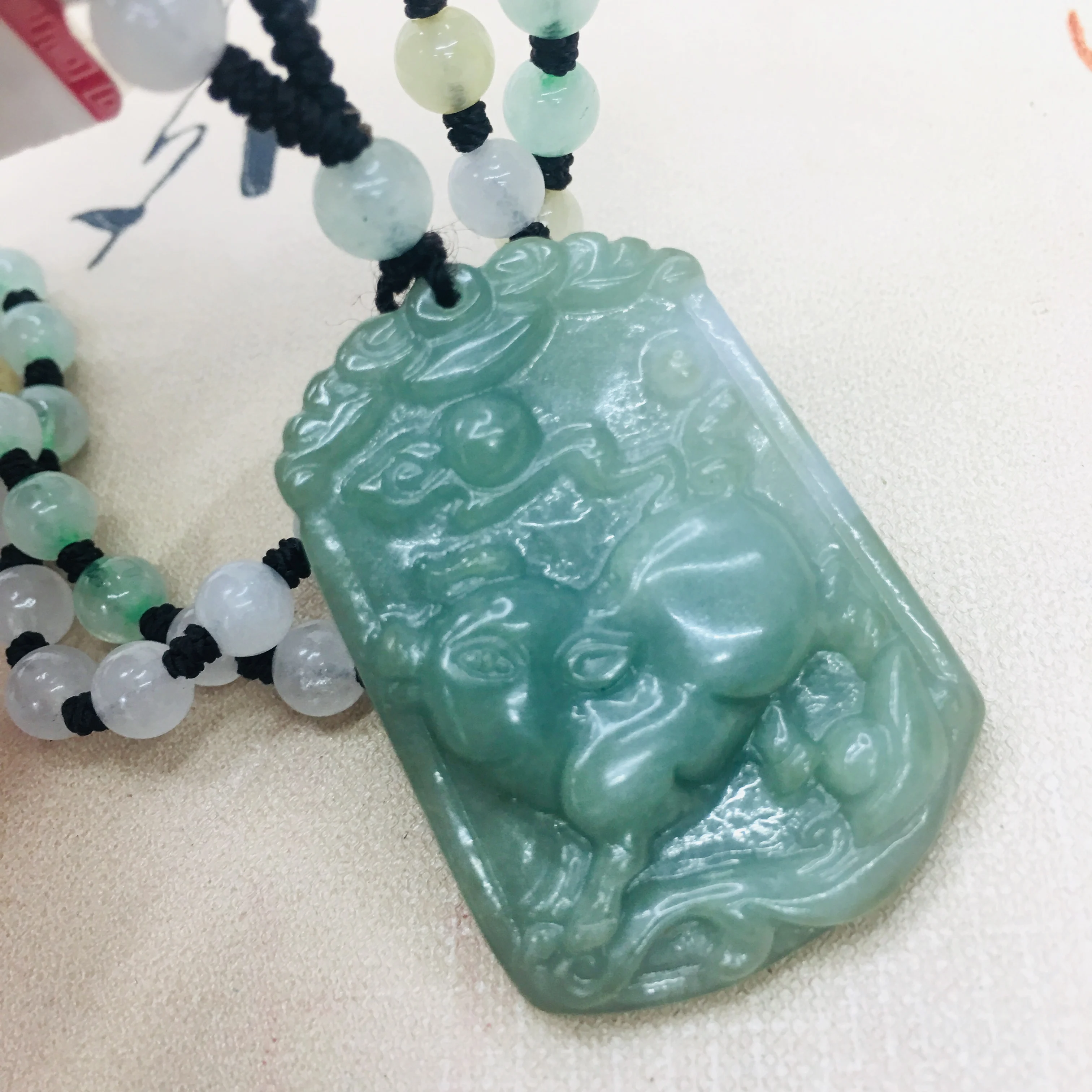 

Pure natural Emerald jade Hand-carved large oily zodiac pig pendant with emerald three-color bead necklace sweater chain