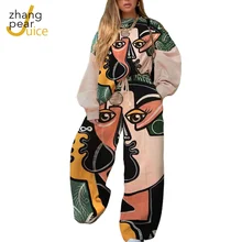 Two Piece Set Women Fashion Print Loose Tracksuit Long Sleeve Sweatshirt Top +Printed Pocket Joggers Pants Outfits Matching Set