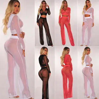 

2019 Women Ladies Long Sleeve Clothes Set Hooded Zipper Mesh Crop Tops See-through Playsuit Suit Clubwear 2pcs