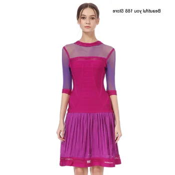 

evening Three-color bandage dress women's evening party host sexy perspective mesh pleated dress
