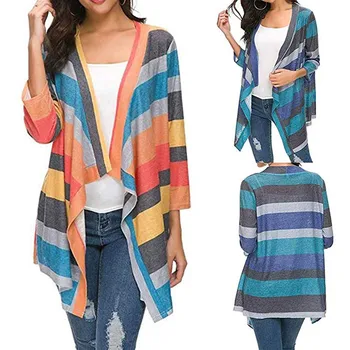 

Autumn Women Casual Soft Open Front Lightweight Sweater Striped Loose Long Sleeve Irregular Hem Cardigan Coat For Ladies