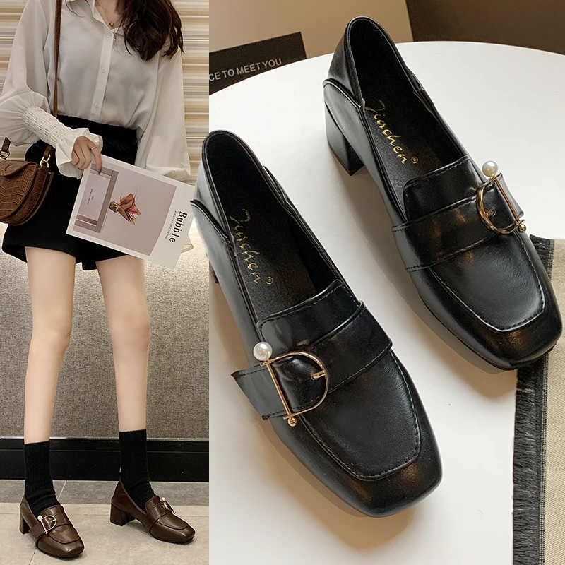 

Square Toe Shallow Mouth Shoes Woman 2019 Autumn Buckle Strap Casual Female Sneakers Loafers With Fur Shose Women Slip-on Soft