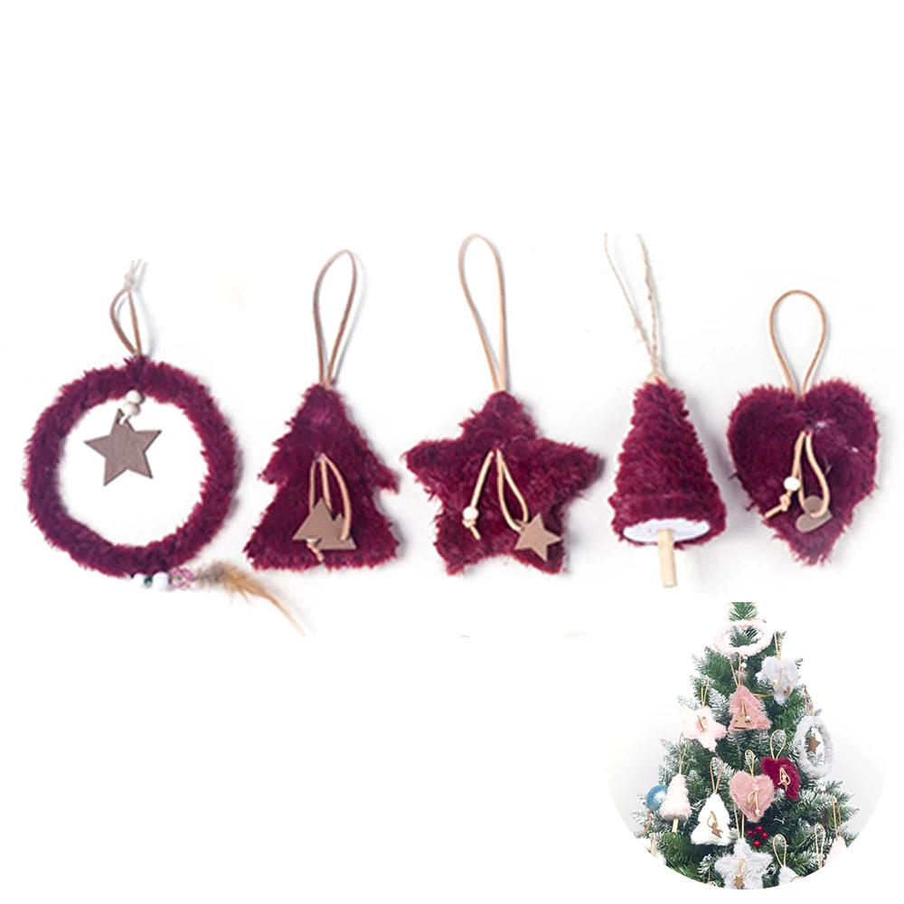 5pcs/set Creative Plush Christmas Tree Hanging Pendant Pink White Heart Star Feather Ornament Christmas Decoration for Home Xmas