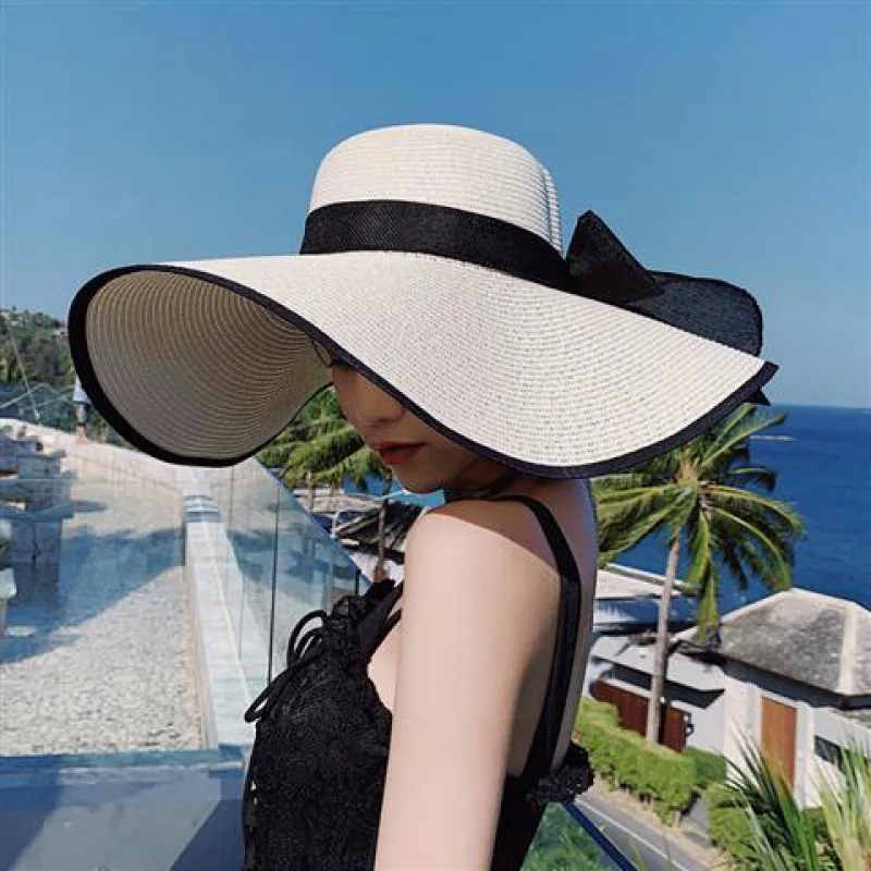 15CM Wide Brim Beach Straw Hats For Women Simple Foldable Summer Outing Sun Hat Fashion Flat Brom Bowknot Uv Protection Panama 2