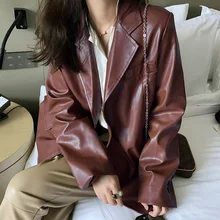 brown leather suit jacket women's long-sleeved soft light autumn and winter jacket jacket fashion autumn PU motorcycle suit