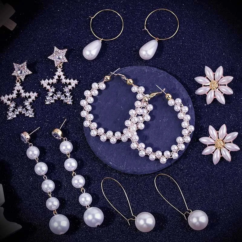 

Trendy Elegant Simulated Pearl Long Earrings Crystal Rhinestone Star Statement Drop Earrings For Women Wedding Party Gift