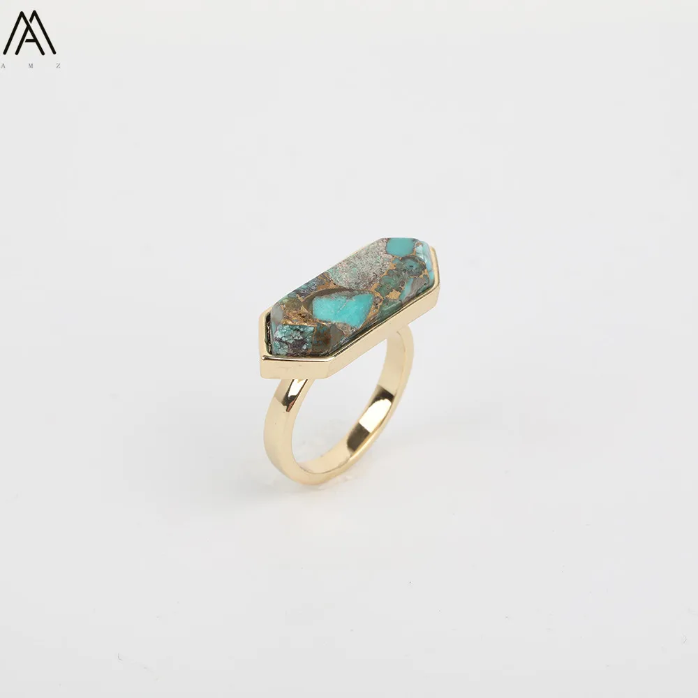 Натуральный голубой бирюзовый двухточечный бисер Howlite кольца ювелирные изделия, необработанный камень точечные бусины Золотое кольцо для женщин GH-487AMAB
