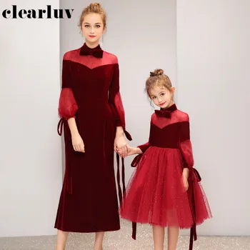 

Burgundy Bow Paent Child Prom Dress DB154 Patchwork Elegant Banquet Gowns High Collar Long Sleeve Mom And Daughter Dresses 2020