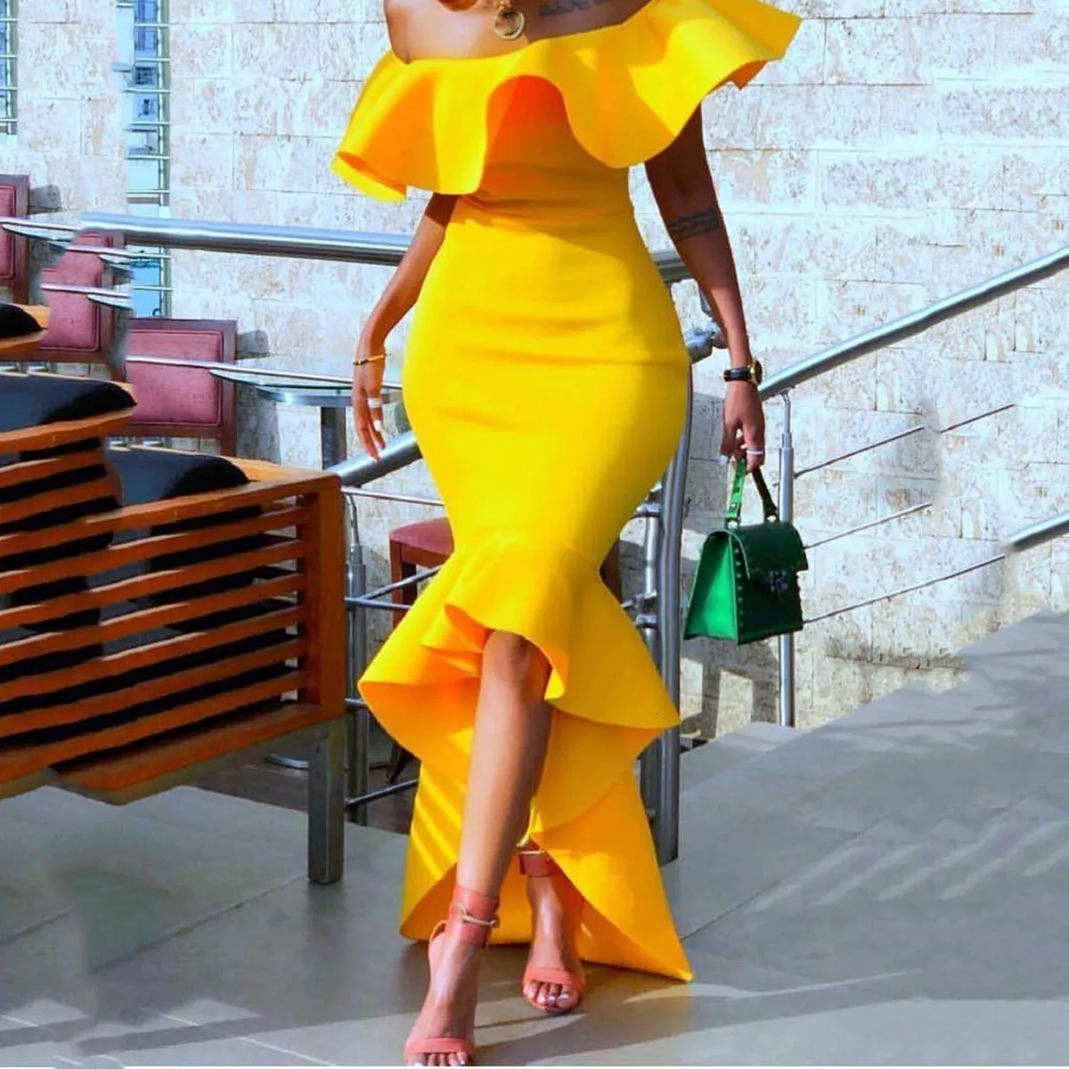Сексуальное элегантное женское платье макси из органической кожи, желтые вечерние асимметричные платья с высокой талией, женское пляжное платье с оборками без бретелек