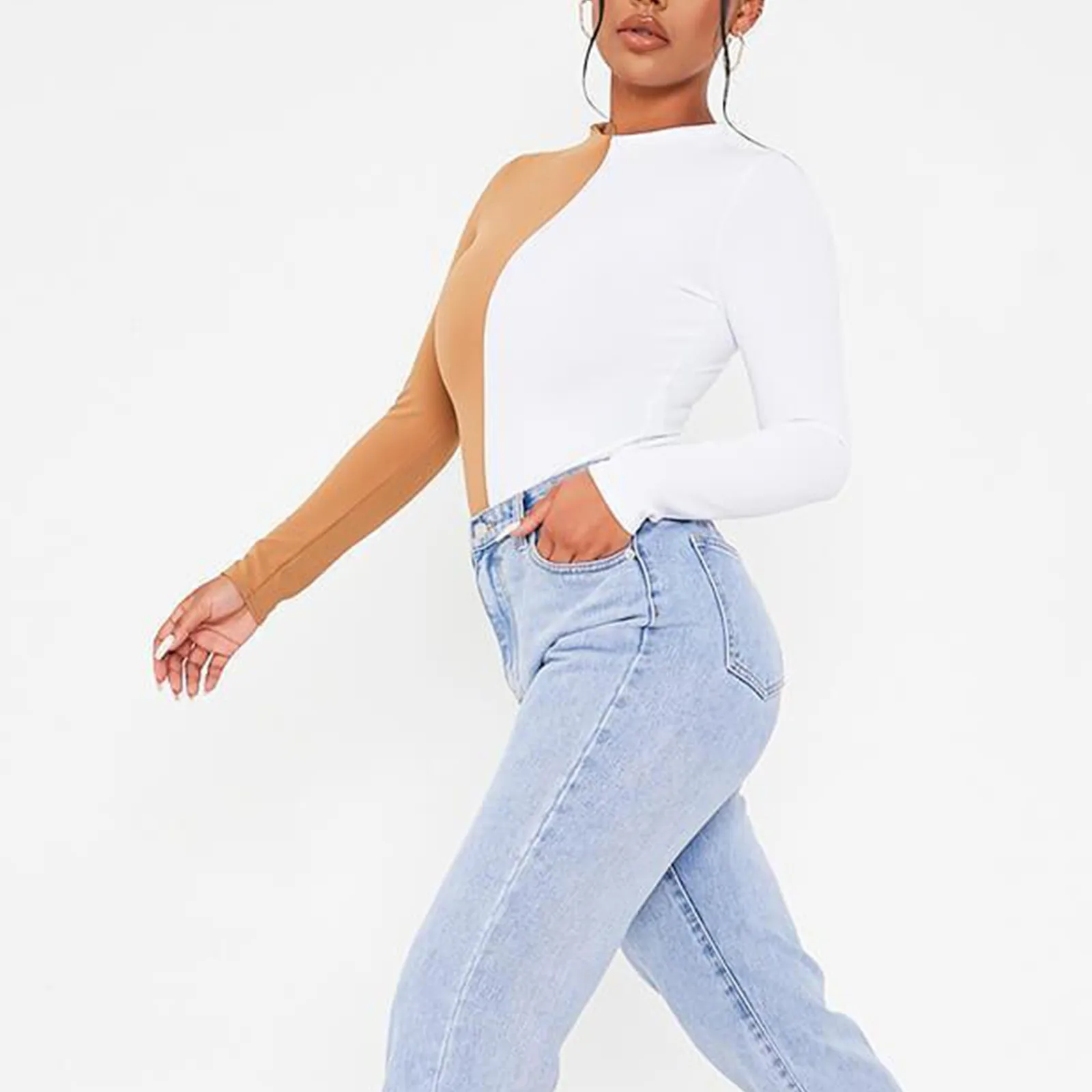 Long Sleeve Bodysuit O Neck Casual Spring Winter Spliced Body Top Sexy Women Bodysuits Streetwear Casual Body Top Jumpsuit#G30 2
