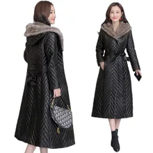 Зимняя кожаная куртка для женщин, Овечий пух, куртки с капюшоном, Chaqueta Cuero Mujer, для похудения, Dames Jassen, зимнее черное пальто
