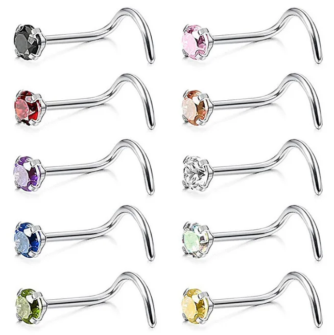 100Pcs CZ Nose Ring Popular Zircon Curved Stud L Anti-Allergy Steel Ornament Cubic Zirconia 3mm Wholesale