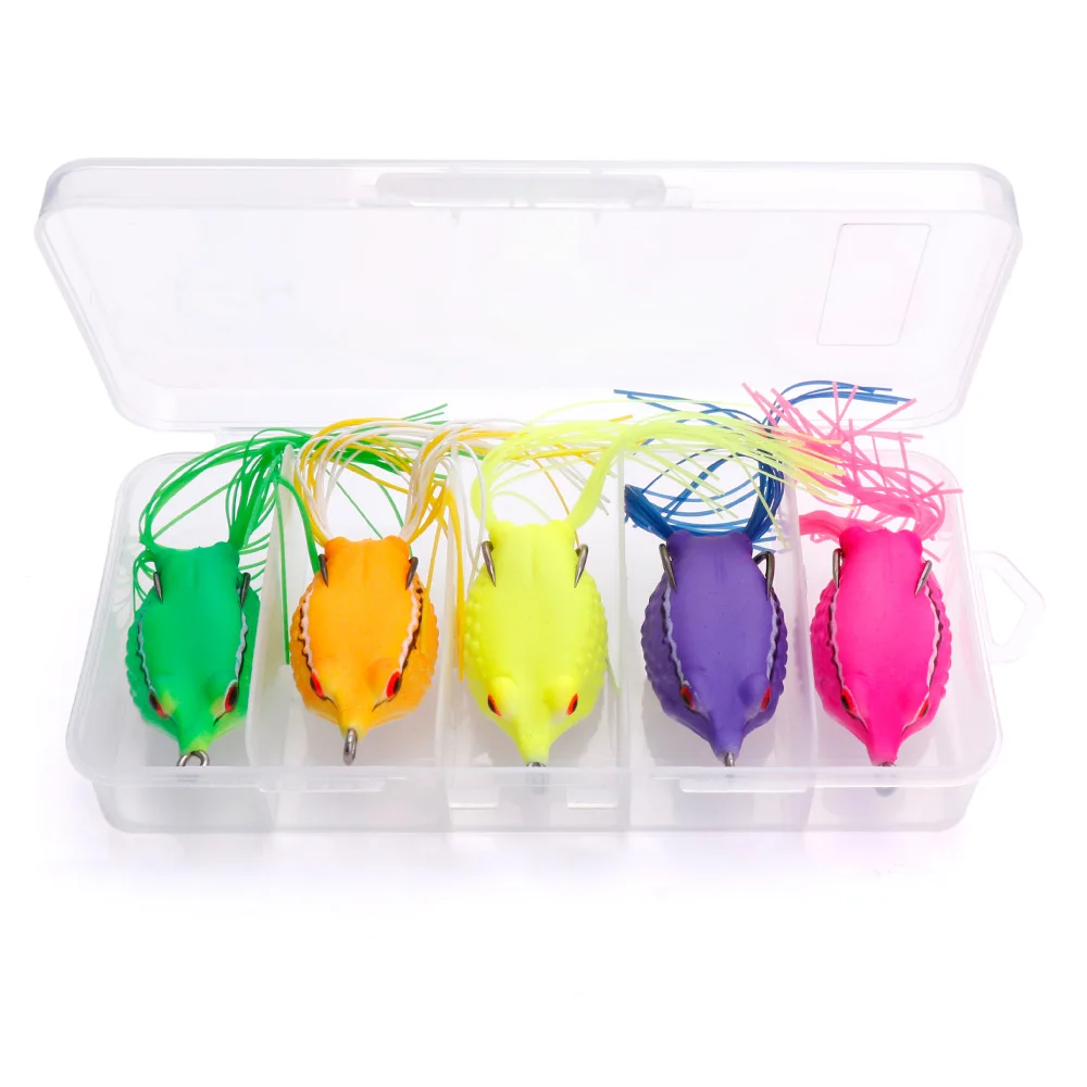 TREHOOK 5pcsBox Ray Frog TopWater Wobblers Pike Fishing Lures Set Of Soft Lure Shad Artificial Bait Silicone Frog For Fishing 06