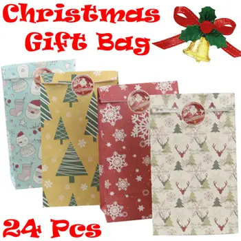 

24pcs Christmas Kraft Paper Handle Bag Shopping Carrier Festive Present bag Cellophane Gift Cookie Fudge Candy Self Adhesive Bag