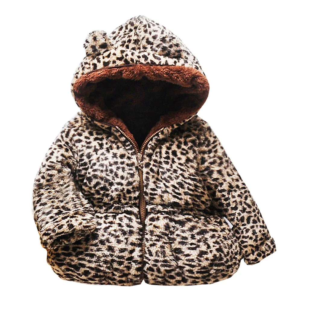 Зимняя одежда для девочек детское пальто Детская куртка с леопардовым принтом топы на молнии с объемными ушками, топы с капюшоном, верхняя одежда с длинными рукавами, одежда для маленьких девочек