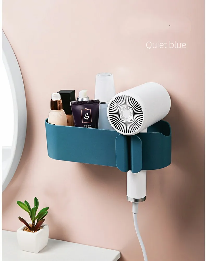Настенный держатель для фена, без сверления, инструмент для укладки, мульти-органайзер, корзина для хранения для ванной комнаты - Цвет: Quiet blue