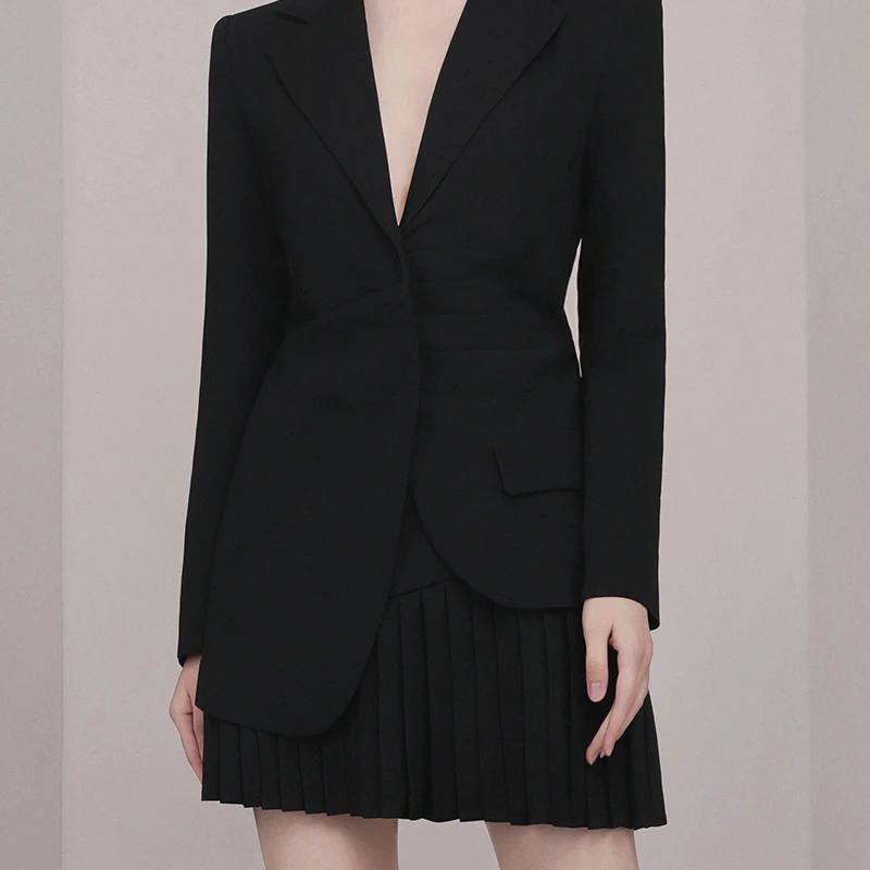 Max Spri Lapel Collar Irregular Coat Pleated Mini Skirt Two-Piece Suit New V Neck Long Sleeve Women Office Fashion Wearing