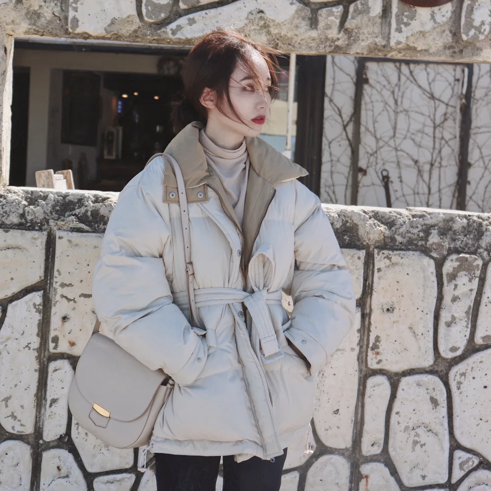 

Photo Shoot South Korea Dongdaemun Short Contrast Color Cotton Overcoat 2019 Winter New Style Retro Laziness-Style Waist Hugging