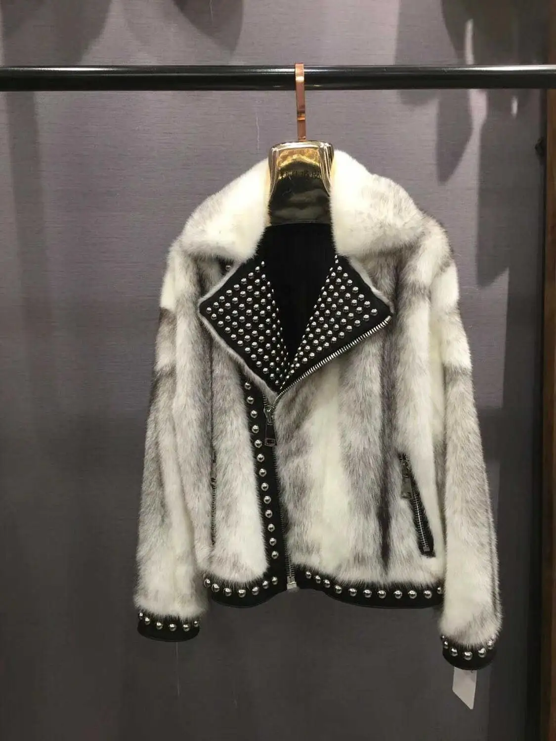 

Arlenesain custom 2019 new design multi-color motorcycle rivet mink fur women jacket