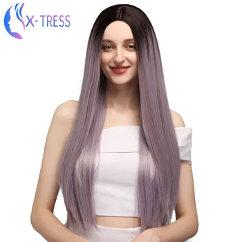 

X-TRESS Synthetic Purple Wigs For Women 28inch Long Straight Cosplay Wig Heat Resistant Fiber Halloween Colored Wig