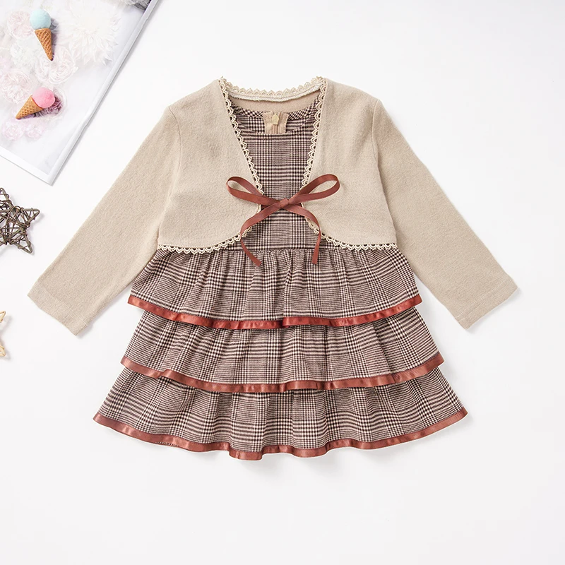 Комплекты с платьем для маленьких девочек, Детский Повседневный Сарафан-пачка в клетку без рукавов с кардиганом, Детская куртка