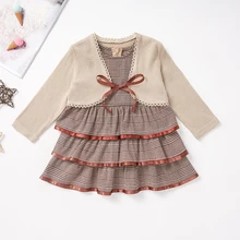 Комплекты с платьем для маленьких девочек, Детский Повседневный Сарафан-пачка в клетку без рукавов с кардиганом, Детская куртка