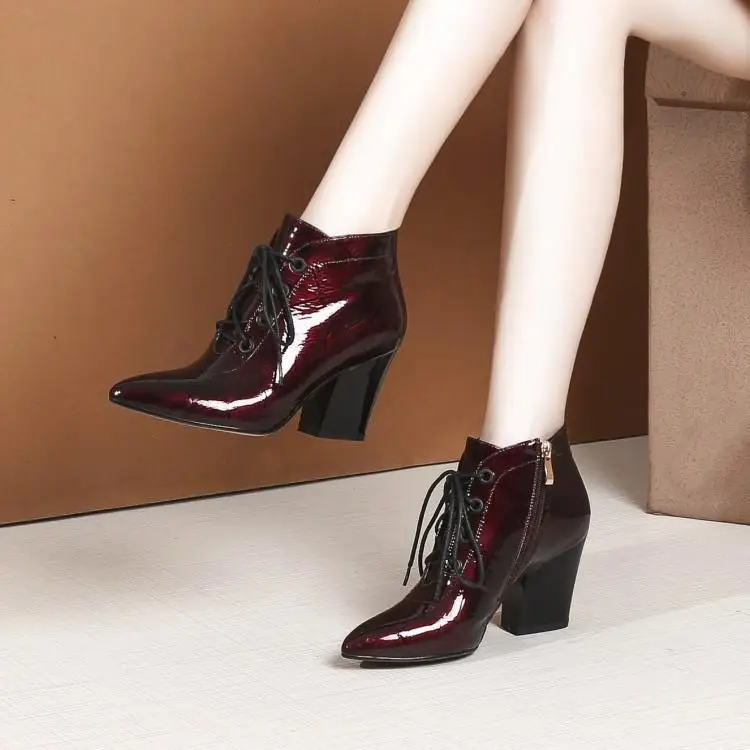 

Thick with lace-up Martin boots pointed patent leather high heels short boots with women's boots head layer cowhide 8 cm