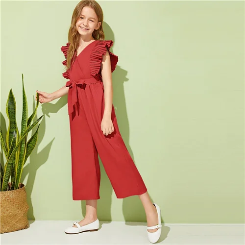 SHEIN Kiddie, v-образный вырез, плиссированные проймы, для отдыха, с поясом, комбинезоны для девочек,, летние, без рукавов, с оборками, широкие, Комбинезоны - Цвет: Красный