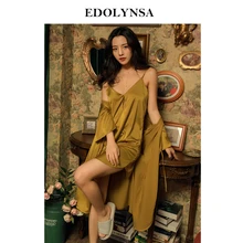 Женские пижамы, атласная пижама, шелковая Сексуальная Ночная одежда, кружевной домашний халат, пижама для отдыха, желтый, 2 штуки, H855