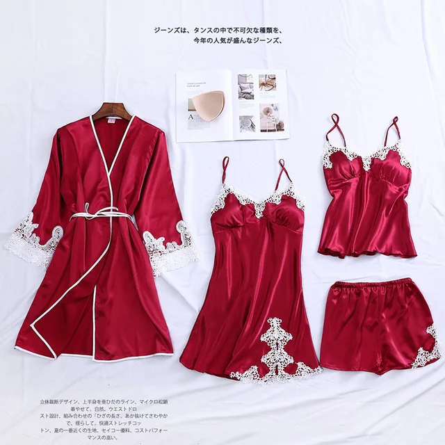 Wedding Robe Satin 4pcs Sleep Suit Intimate Lingerie Women Bride Bridesmaid Sexy Kimono Bathrobe Gown Casual Sleepwear Nightwear Pajama Sets Aliexpress