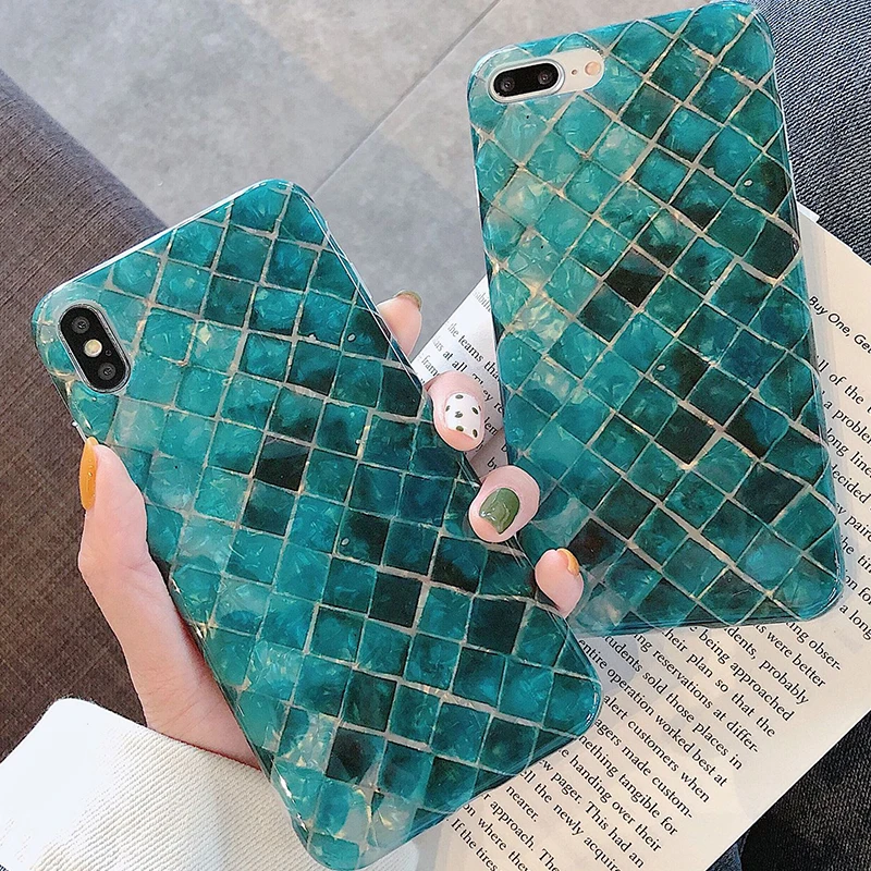 

Gradient Color Rhombic Pattern Phone Case for iPhone 6 6s 7 8 Plus X Xs XR Xs Max Conch Shell Translucent Bling Back Cover