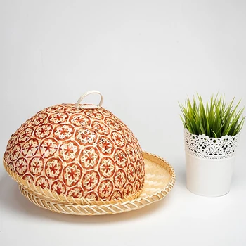 

Hot Sale Handmade Bamboo Food Fruit Wicker Rattan Straw Basket Bread with Lid Round Plate Kitchen Storage Bread Organizer 33cm