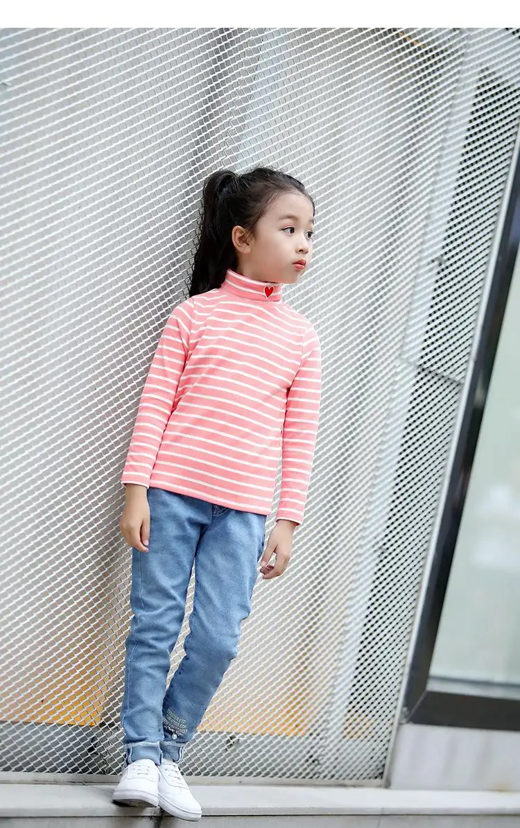 Kids Long Sleeve T-shirts Girls Autumn Bottoming Shirts Pink Striped Tshirt Turtleneck Tops for Teenage School Girl Clothes