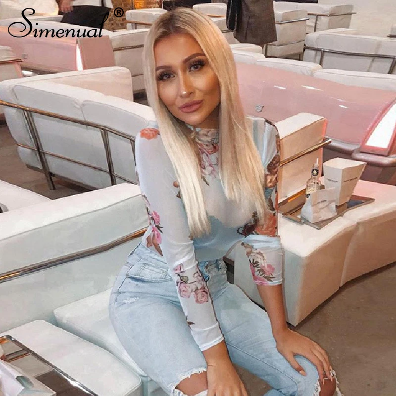 

Simenual Mesh Sexy Hot Aesthetic Print Bodysuits Women Long Sleeve Transparent Fashion 2019 Overalls Autumn Bodycon Bodysuit New