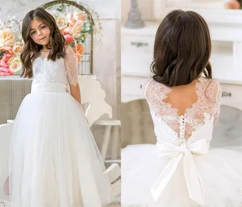 

Flower Girls Dresses Lace Tulle First Communion Dresses Bow Ribbon Graduation Party Gowns For Girls Half Sleeve Pageant Dresses